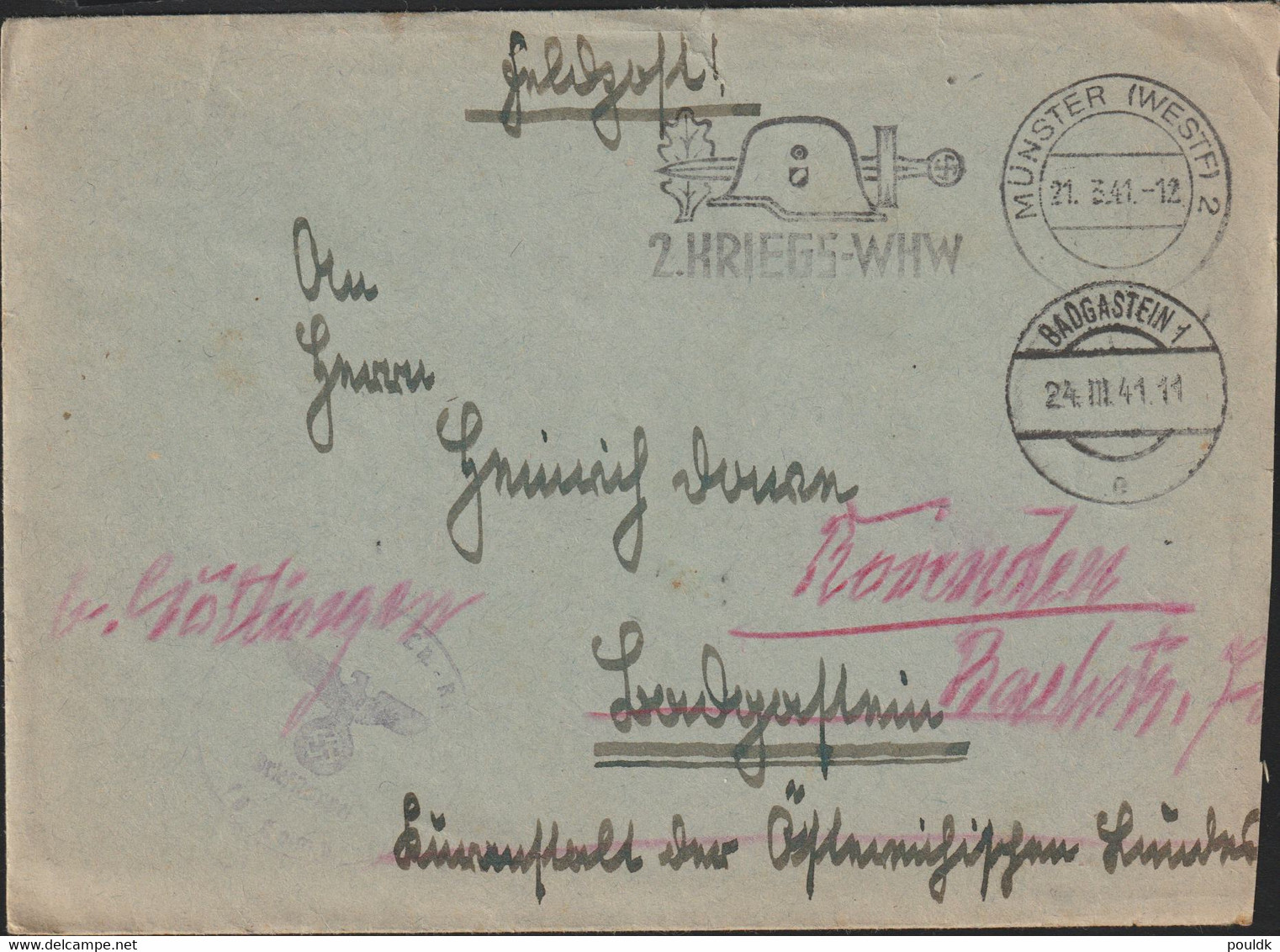 German Feldpost WW2: Luftnachrichten Regiment 2 Posted Münster (Westf) 21.3.1941 - Letter - Rerouted In Badgastein - WW2 (II Guerra Mundial)