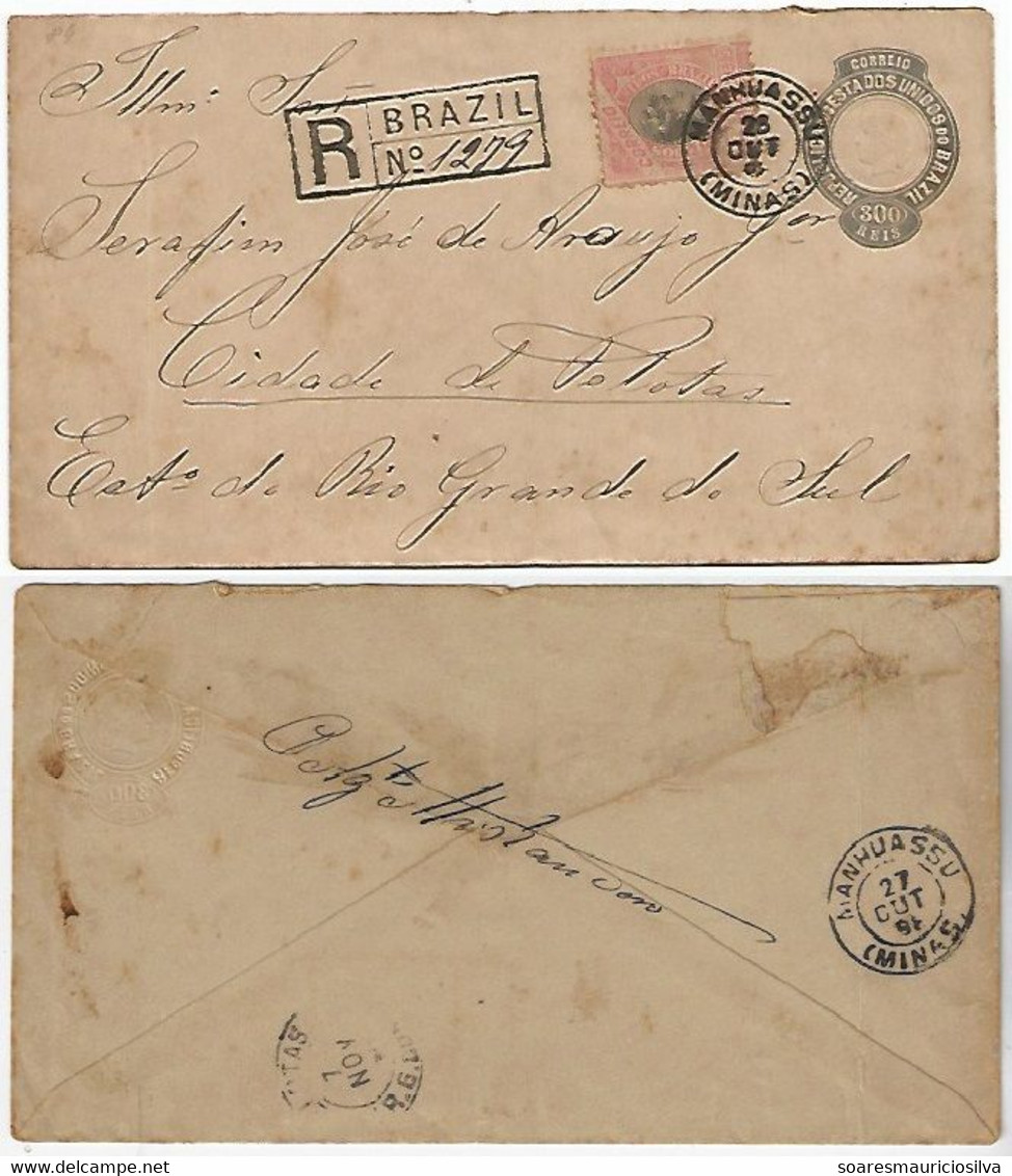 Brazil 1896 Postal Stationery Registered Cover RHM-EN-35 Sent From Manhuassu To Pelotas Additional Stamp Vertical Fold - Postal Stationery