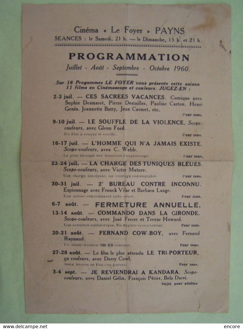 PAYNS. AUBE. CINEMA "LE FOYER". PROGRAMMATION DE FILMS. JUILLET A OCTOBRE 1960.    100_2551GRT - Programmi