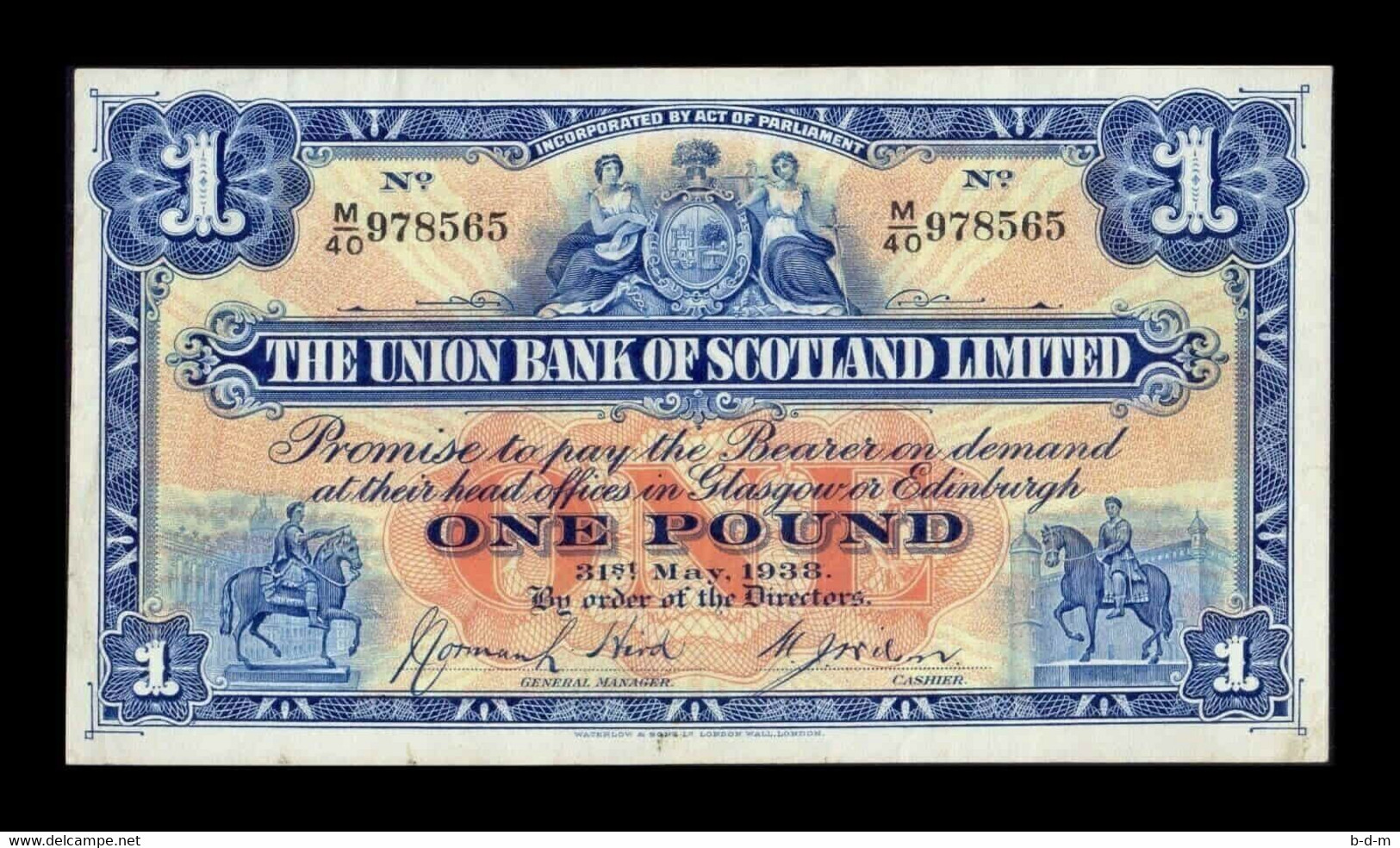 Escocia 1 Pound Union Bank Of Scotland Ltd. 31.5.1938 Pick S815c MBC VF - 1 Pond