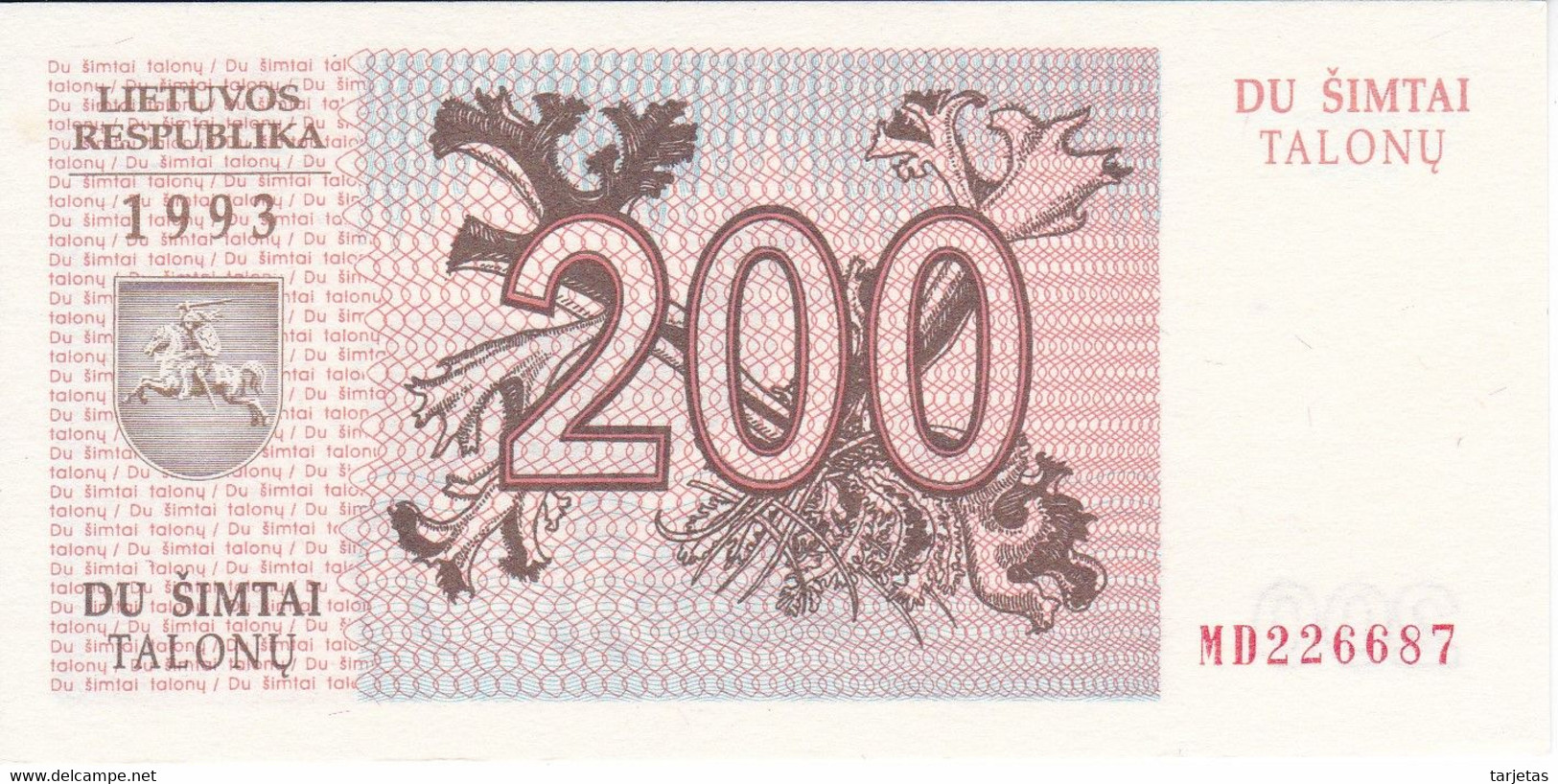 BILLETE DE LITUANIA DE 200 TALONAS DEL  AÑO 1993 SIN CIRCULAR (BANKNOTE) UNCIRCULATED - Lituania