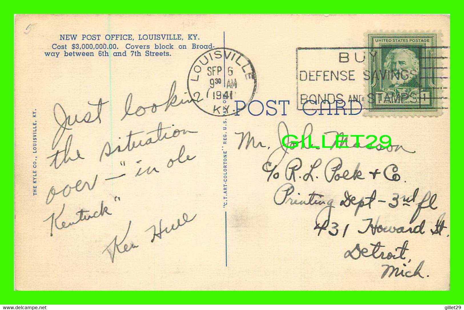 LOUISVILLE, KY - UNITED STATES POST OFFICE, COURT HOUSE AND CUSTOM HOUSE -  TRAVEL IN 1941 - THE KYLE CO - - Louisville