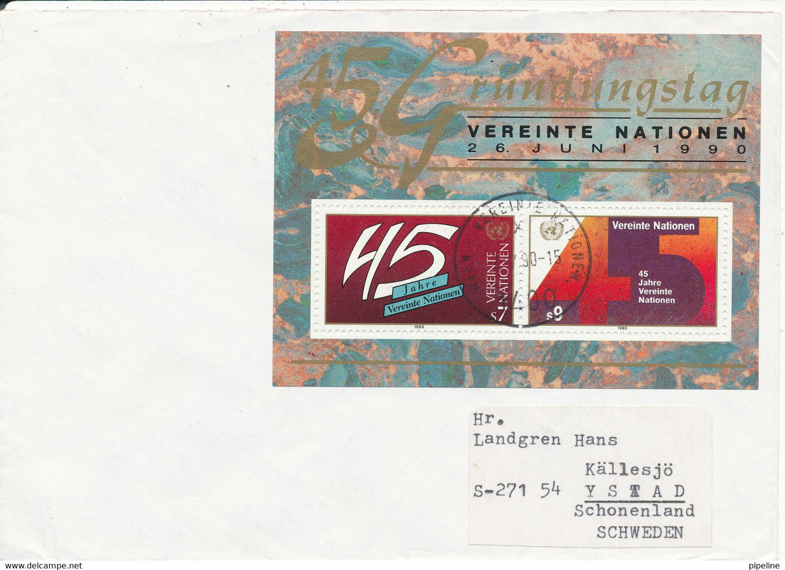 Austria UN Vienna Cover With Minisheet  UN 45th. Anniversary Sent To Sweden 2-7-1990 - Briefe U. Dokumente