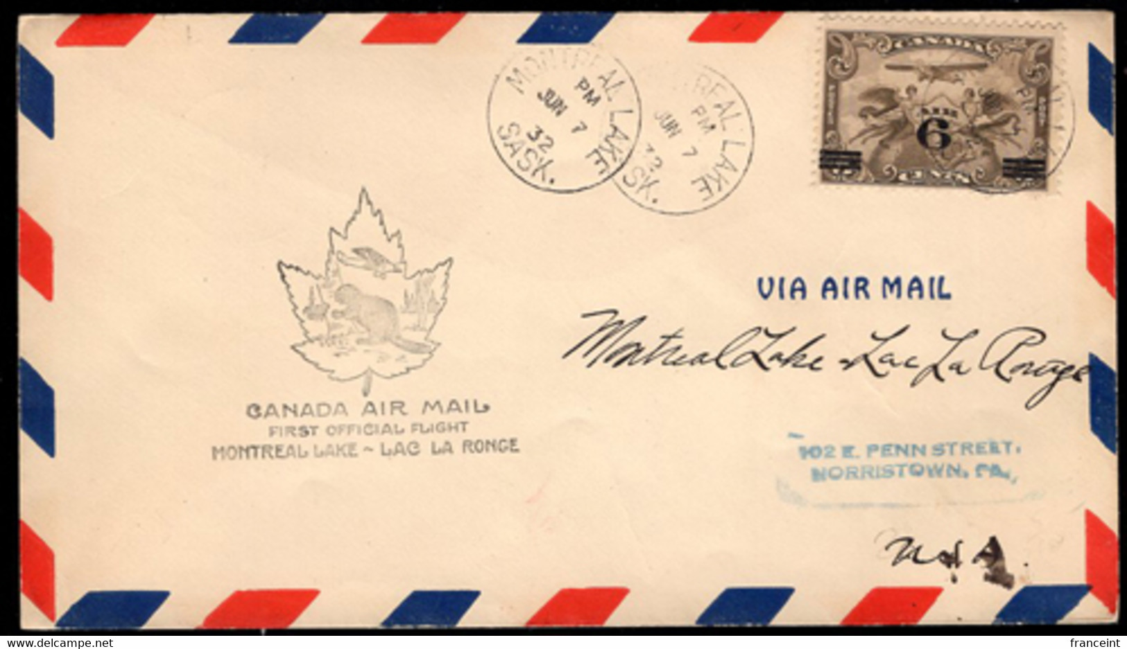 CANADA (1932) Maple Leaf. Beaver. Plane. First Flight Letter Montréal Lake -> Lac La Ronge. - Premiers Vols