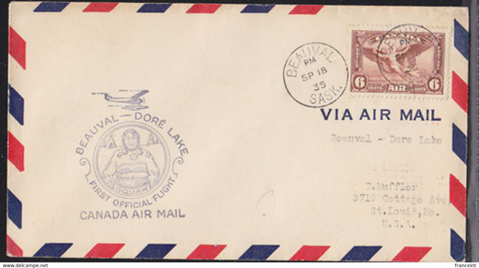 CANADA (1935) Indian Squaw. First Flight Letter Beauval To Doré Lake. - Premiers Vols