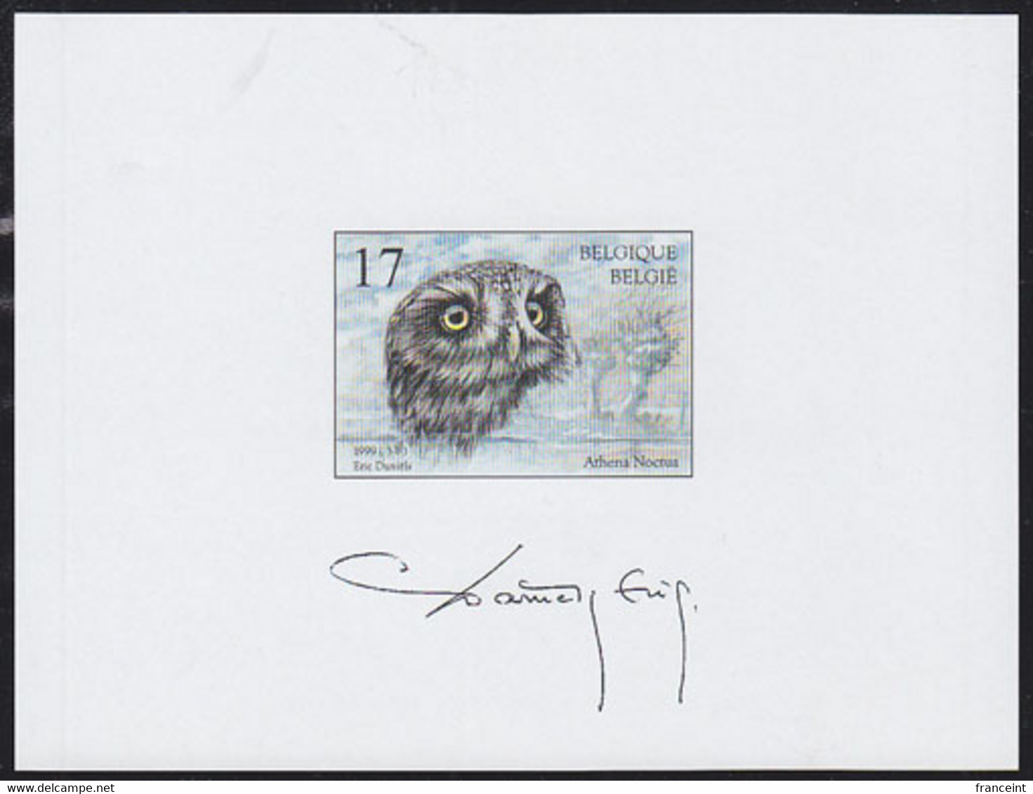 BELGIUM (1999) Little Owl (Athene Noctua). Deluxe Proof Of Non-issued Stamp Signed By The Designer Eric Daniels - Proeven & Herdruk