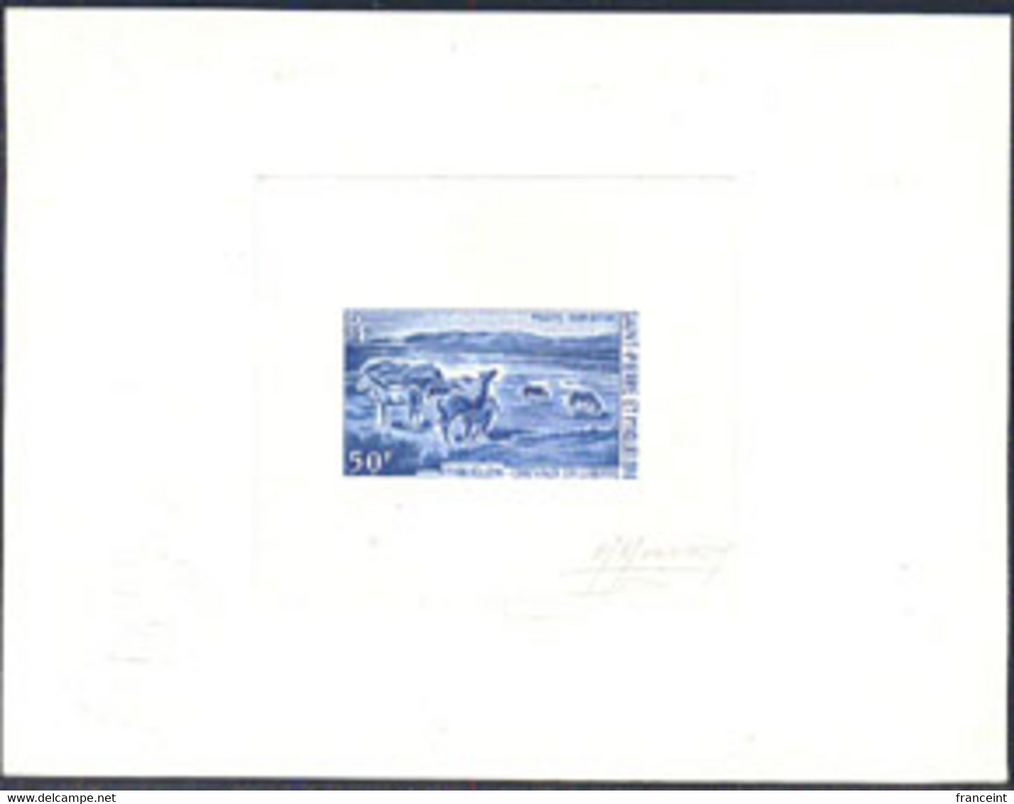 ST. PIERRE & MIQUELON (1969) Horses Grazing. Die Proof In Blue Signed By The Engraver MONVOISIN. Scott No C41 - Sin Dentar, Pruebas De Impresión Y Variedades