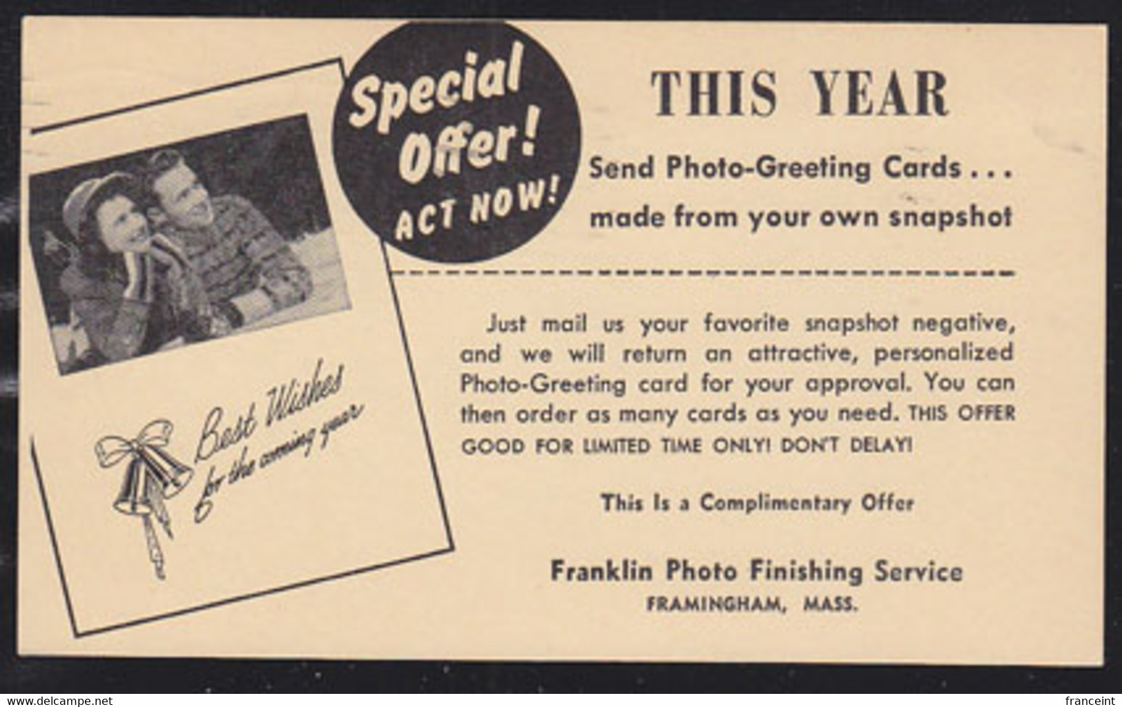 ETATS UNIS (1947) Photographies Utilisées Pour Faire Des Cartes De Voeux. Cloches. Noël. Entier Publicitaire à 1c - 1941-60