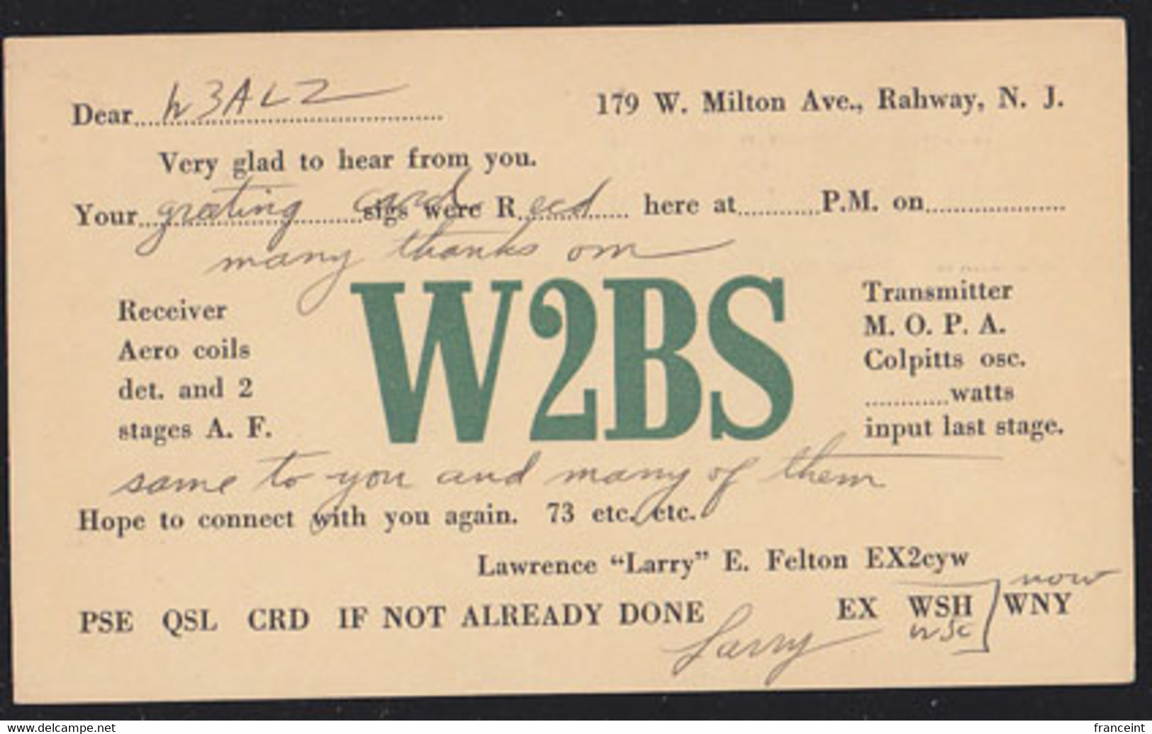 U.S.A. (1931) Radio Amateur Connection Acknowledgement Card. 1 Cent Bicolor Postal Card From "W2BS" In Rahway, NJ - 1921-40