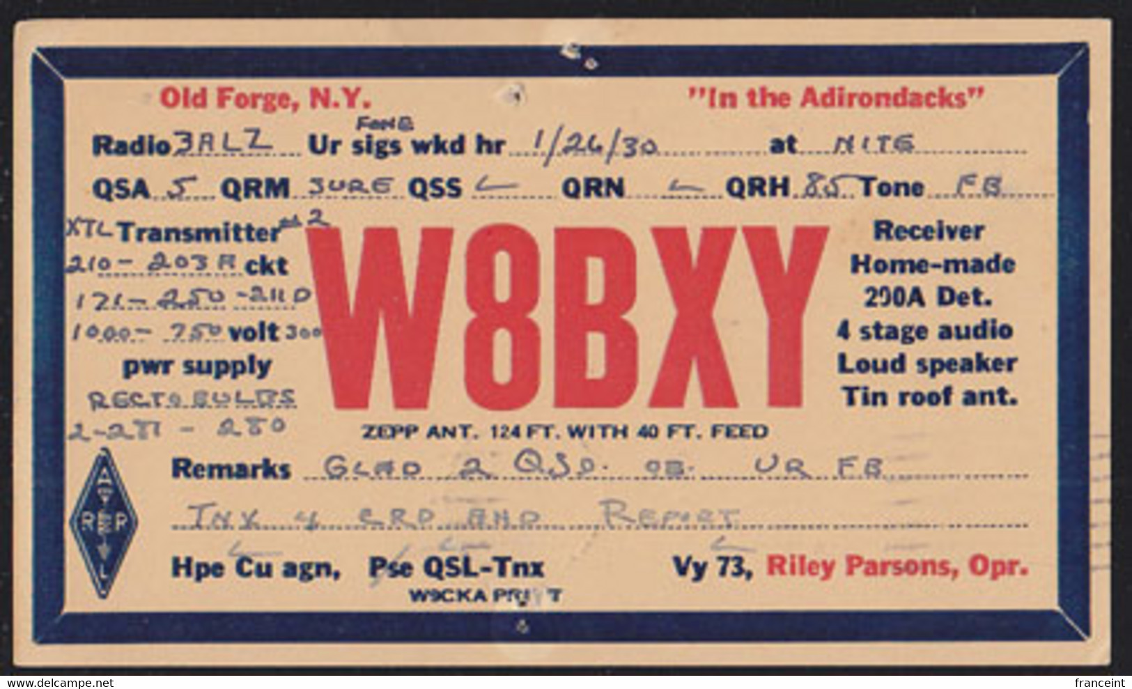 U.S.A. (1931) Radio Amateur Connection Acknowledgement Card. 1 Cent Bicolor Postal Card From "W8BXY" In Old Forge NY - 1921-40