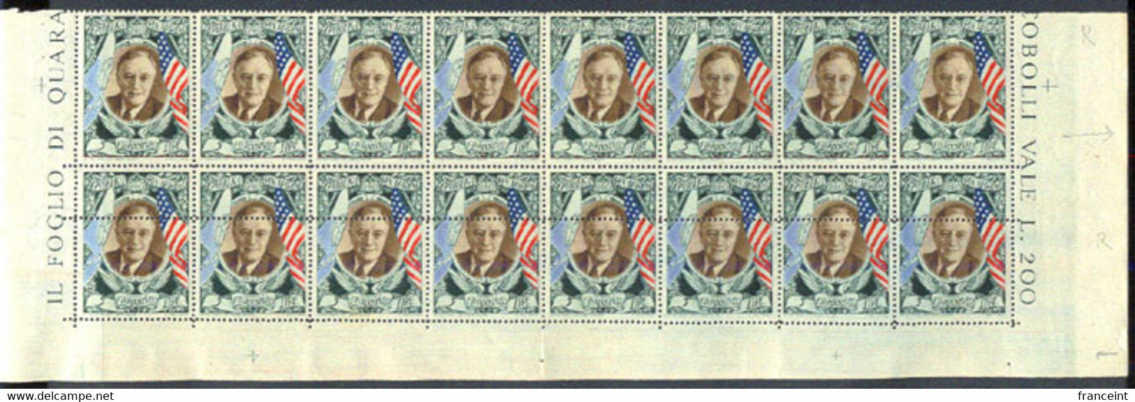 SAN MARINO (1947) Roosevelt. Flags. Perforation Error In Bottom Pane Of 20. Scott No C51c, Yvert No PA55. - Abarten Und Kuriositäten