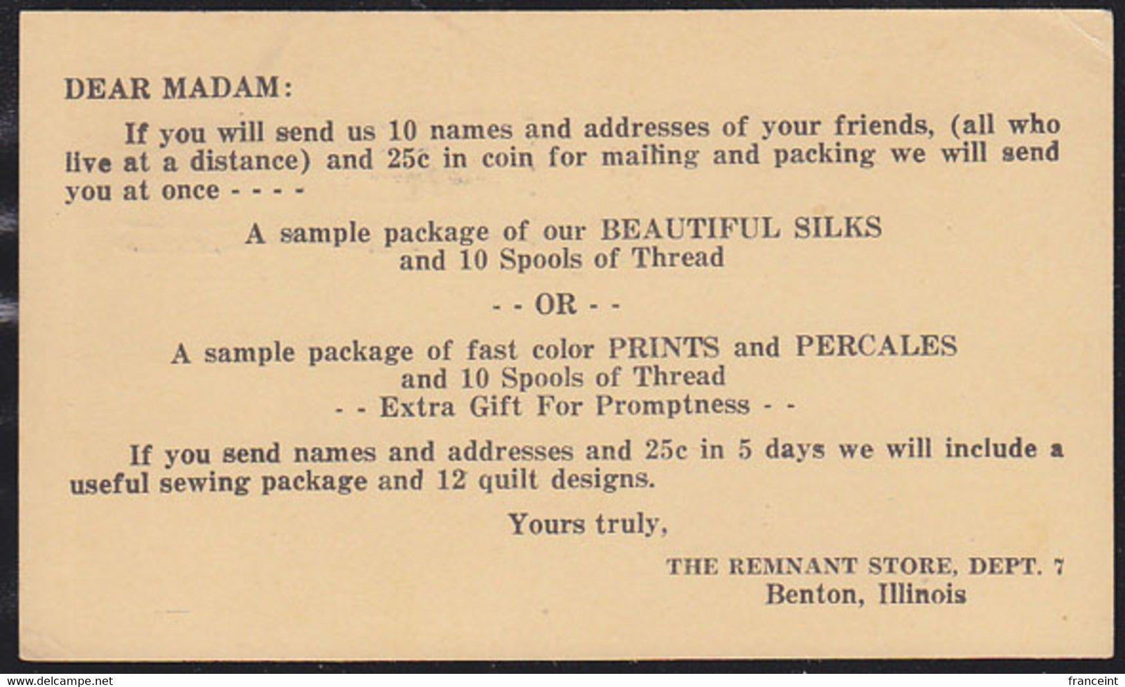 U.S.A. (1936) Silk. Thread. Prints. Percales. Postal Card With Advertising On Back Offering Samples Of Silk, Thread, Pri - 1921-40