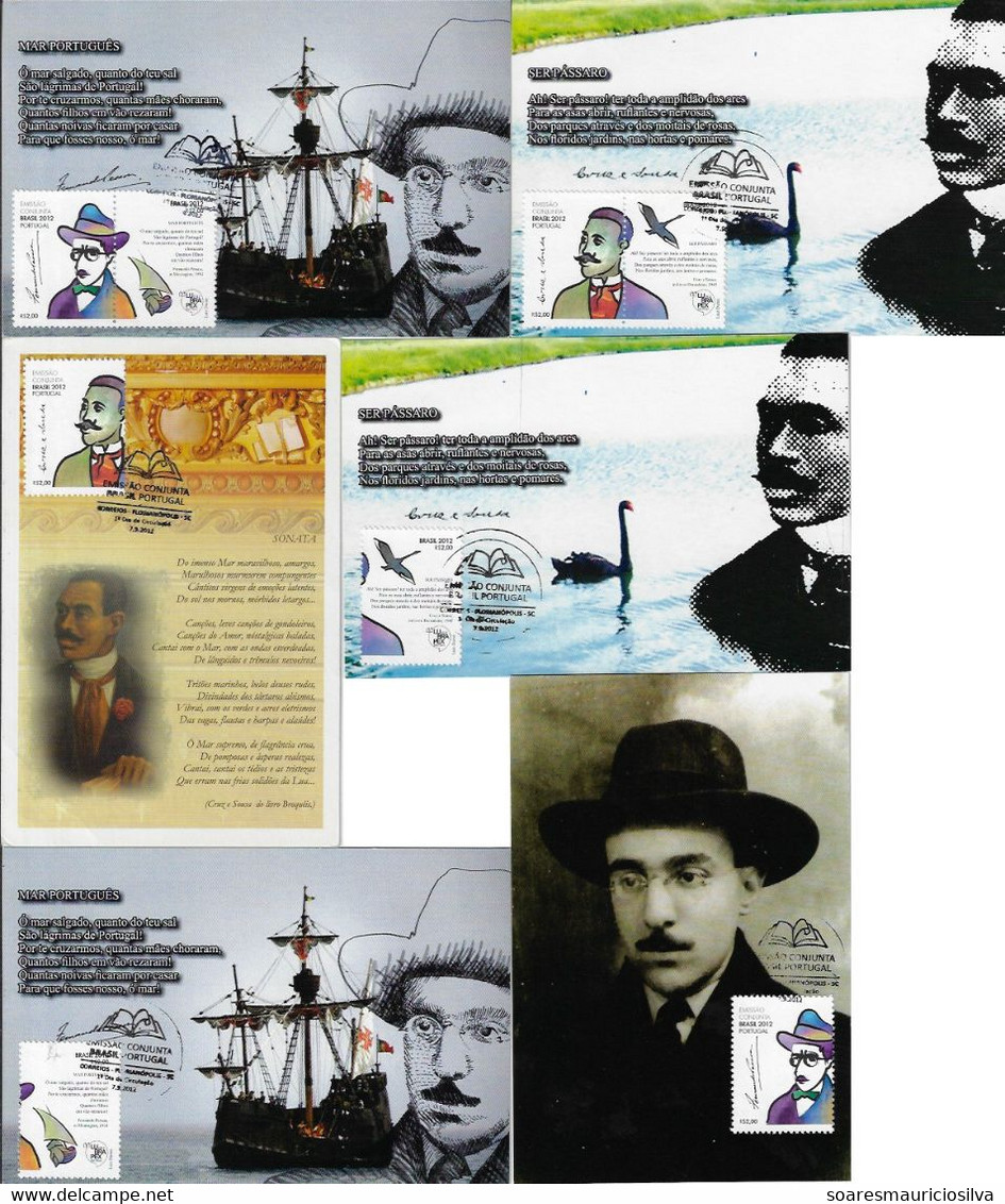 Brazil 2012 Complete Series With 6 Maximum Card Lubrapex Philatelic Exhibition Poet Fernando Pessoa & Cruz E Souza - Cartoline Maximum