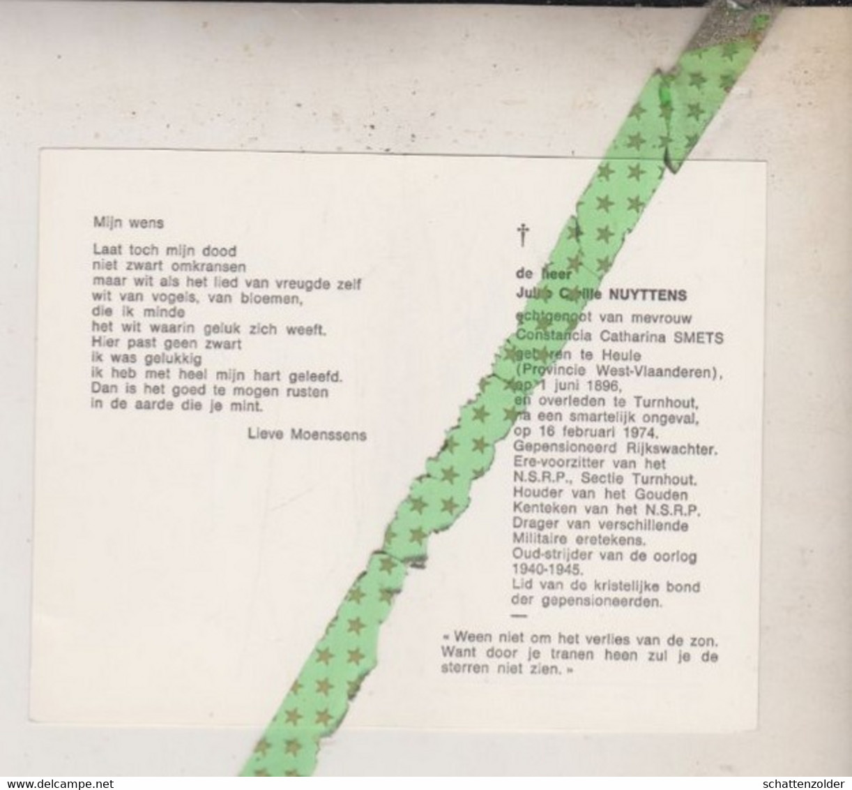 Cyrille Nuyttens-Smets, Heule 1896, Turnhout 1974. Rijkswachter O.r. Oud-strijder 40-45 - Obituary Notices