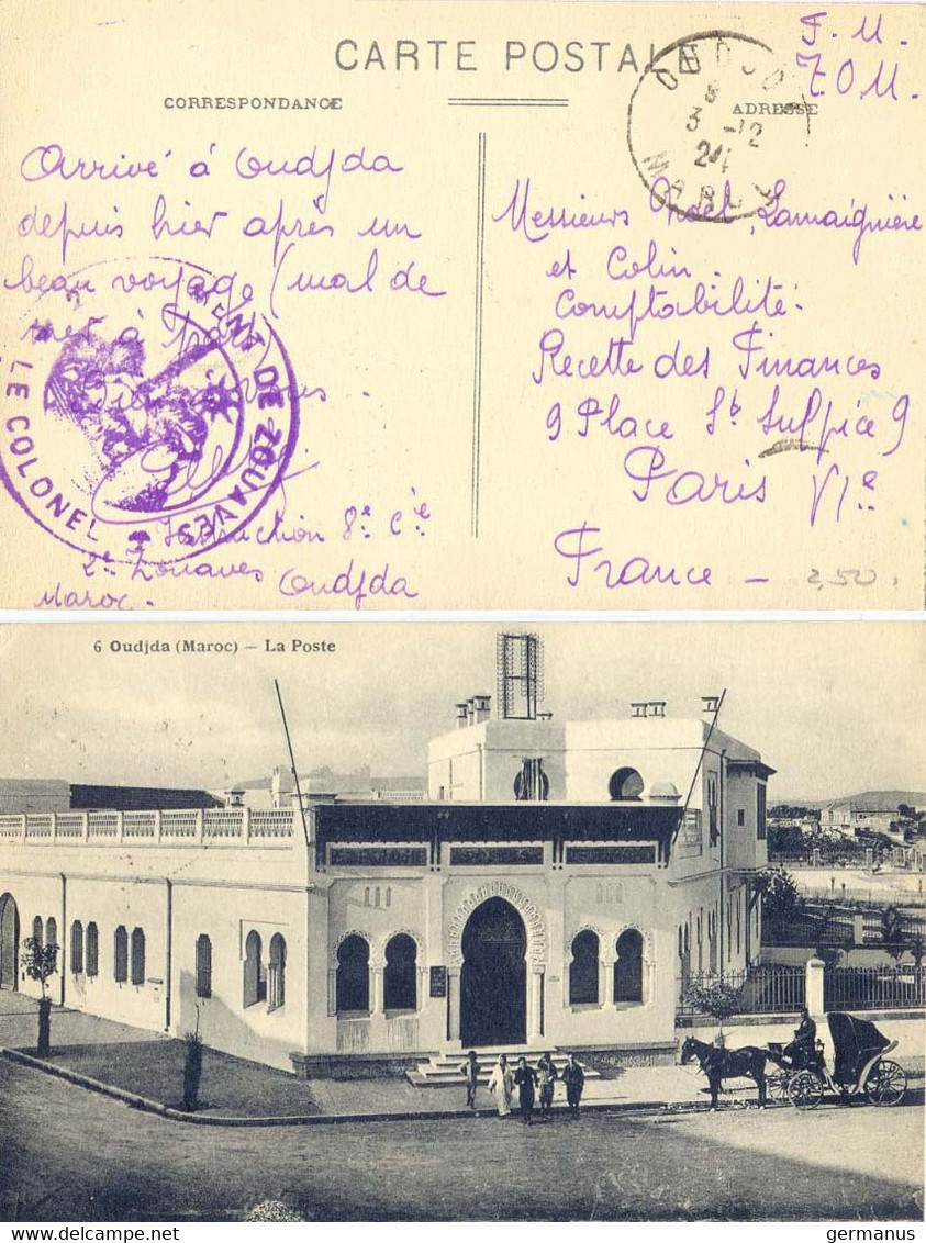 MILITAIRE MAROC : 2e REGt DE ZOUAVES INSTRUCTION 8e Cie OUJDA Du 3-12-24 – ARRIVÉ HIER APRÈS UN BEAU VOYAGE, MAL DE MER - Military Postmarks From 1900 (out Of Wars Periods)