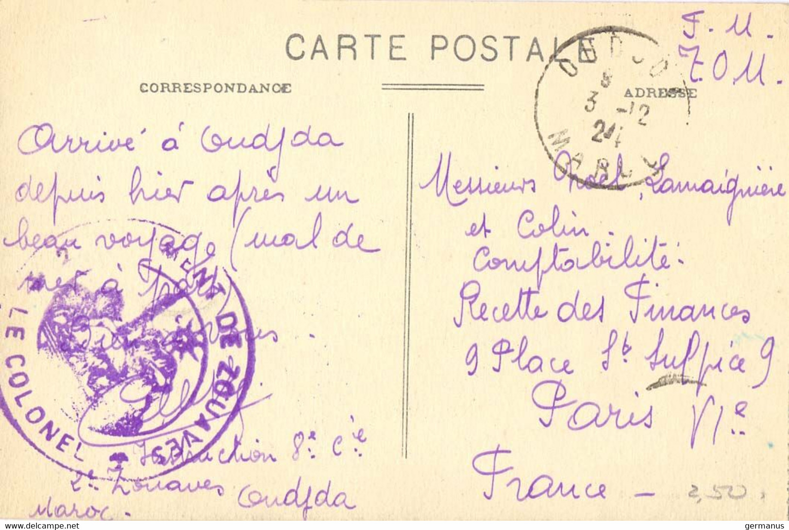 MILITAIRE MAROC : 2e REGt DE ZOUAVES INSTRUCTION 8e Cie OUJDA Du 3-12-24 – ARRIVÉ HIER APRÈS UN BEAU VOYAGE, MAL DE MER - Military Postmarks From 1900 (out Of Wars Periods)