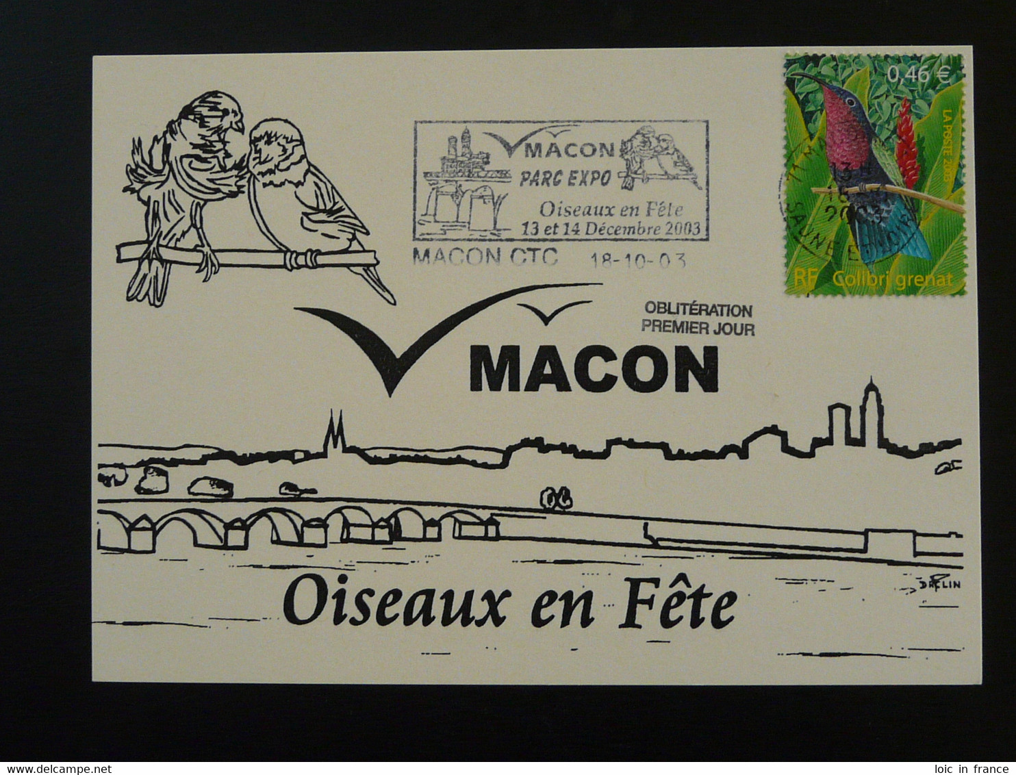 Carte Locale Oiseaux En Fête Bird Festival Flamme Macon 71 Saone Et Loire 2003 - Oblitérations & Flammes