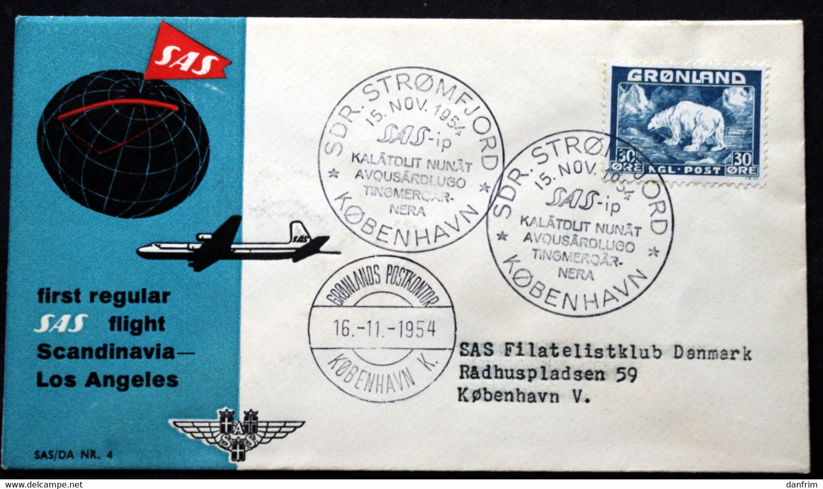 Greenland 1954 SAS First Flight Sdr. Strömfjord - Copenhagen 15-11-1954 ( Lot 1381 ) - Covers & Documents