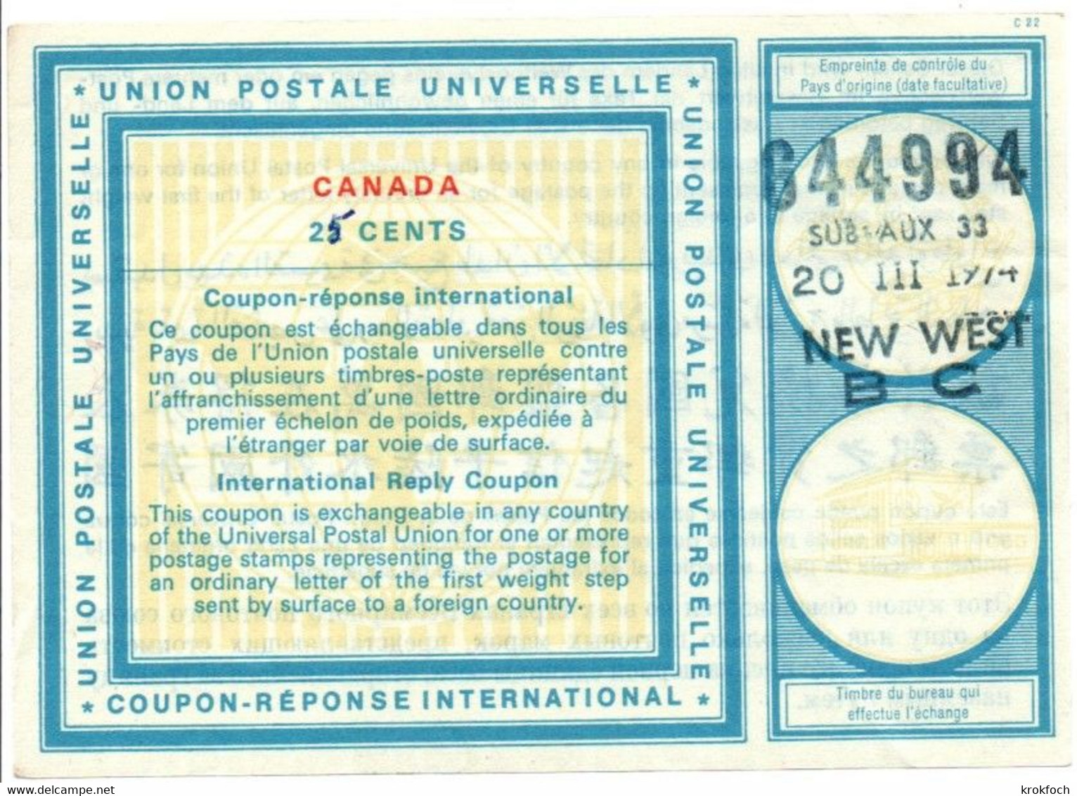 Coupon-réponse Canada - Type Vi 20 - 22 Cents Corrigé Au Bic - New West - IRC CRI IAS - Antwoordcoupons