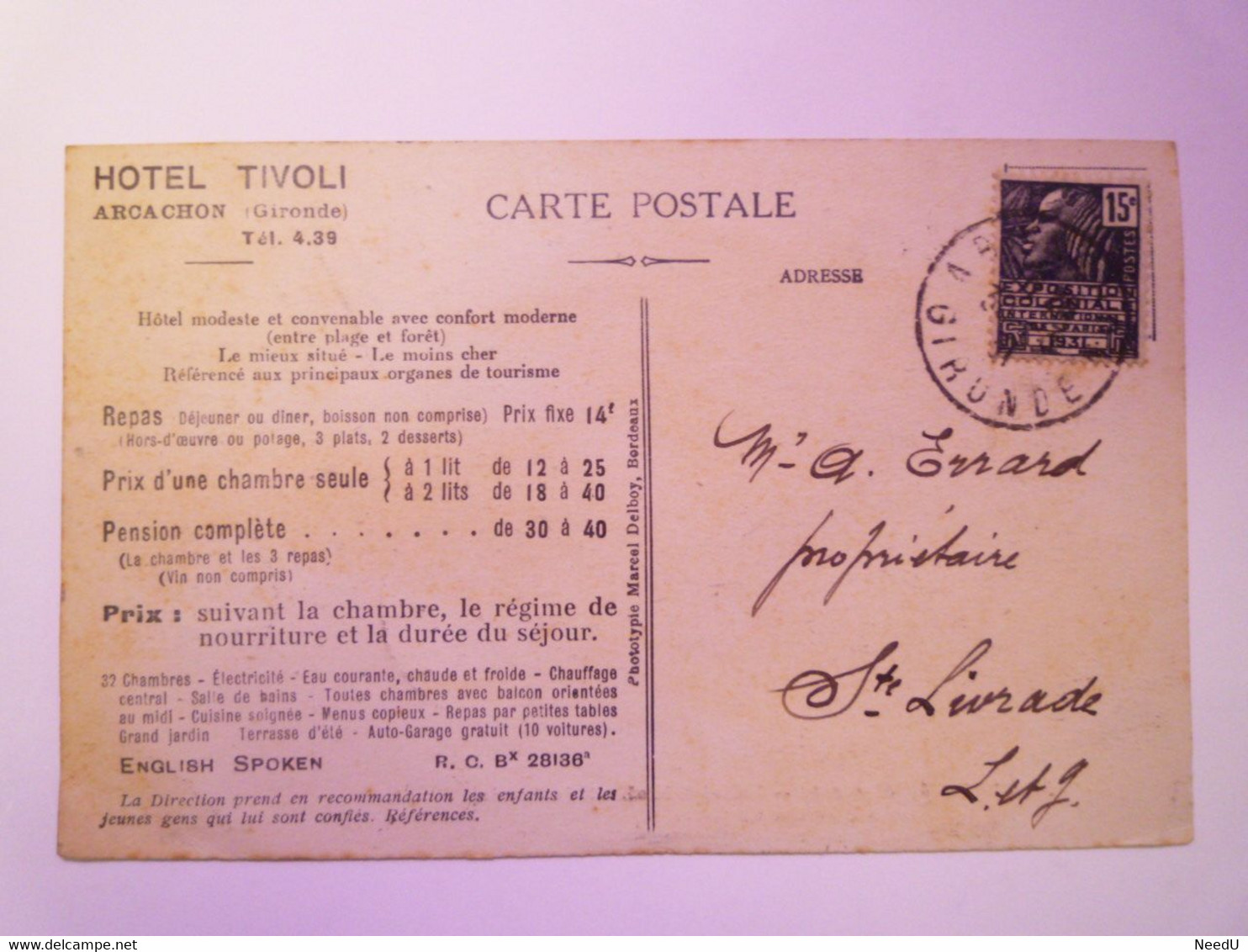 GP 2021 - 144  ARCACHON  (Gironde)  :  HÔTEL TIVOLI Et De PARIS  -  Carte PUB  1931   XXX - Arcachon