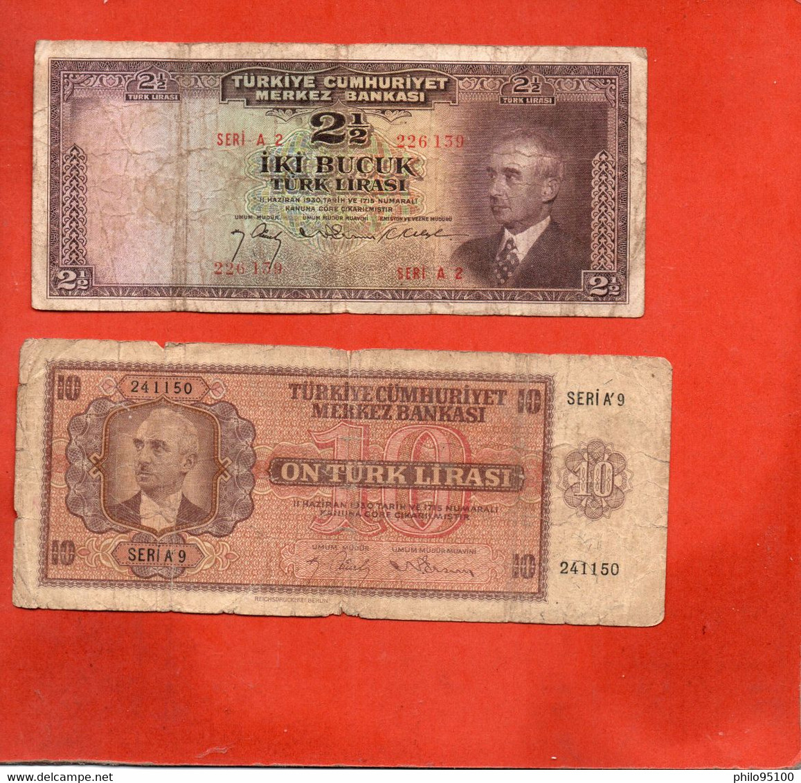 Turquie 2 Billets . 2 1/2 & 10 LIRASI. - Turquia