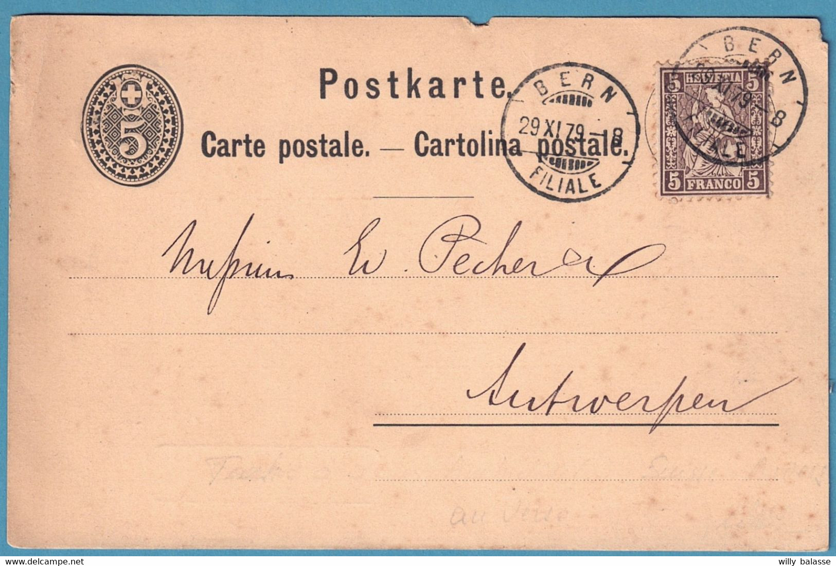 Carte 5c + 5c Suisse De BERN / 1879 Pour Anvers + Càd SUISSE/ANVERS - Doorgangstempels