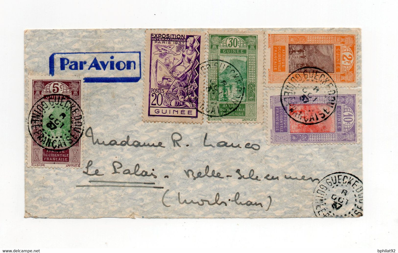 !!! GUINEE, LETTRE PAR AVION DE GUECKEDOU DE 1937 POUR BELLE-ILE - Storia Postale
