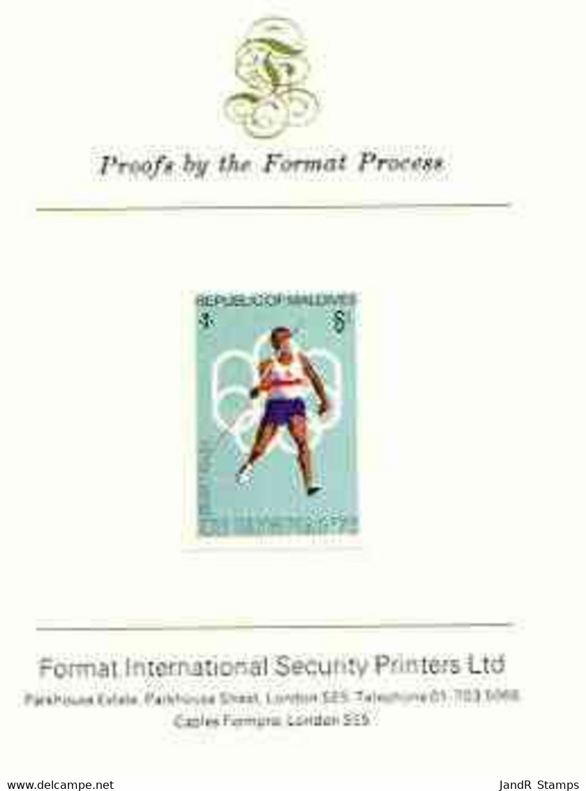 Maldive Islands 1976 Montreal Olympics 6l (Javelin) Imperf Proof Format International Proof Card (as SG 659) - Maldiven (...-1965)