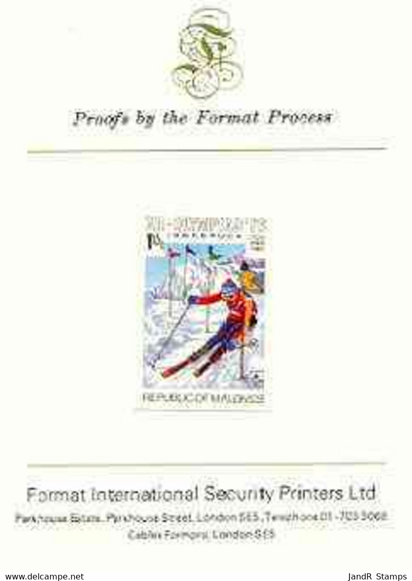 Maldive Islands 1976 Winter Olympics 1r15 (Slalom Skiing) Imperf Proof Format International Proof Card (as SG 630) - Maldivas (...-1965)