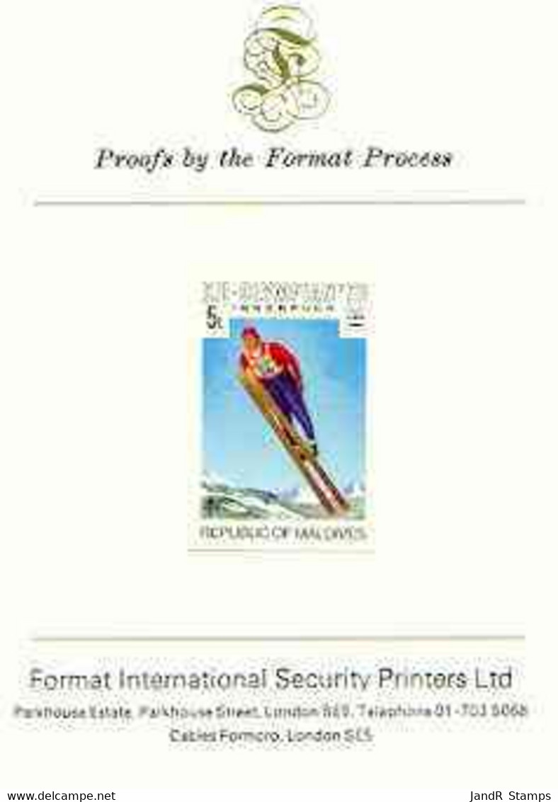 Maldive Islands 1976 Winter Olympics 5l (Ski Jumping) Imperf Proof Format International Proof Card (as SG 628) - Maldivas (...-1965)