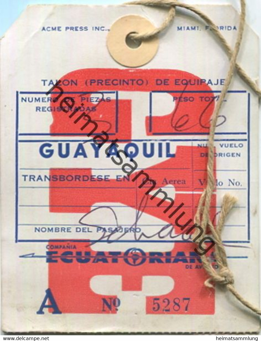 Baggage Strap Tag - Gepäckanhänger - Ecuatoriana De Aviación - Guayaquil - Aufklebschilder Und Gepäckbeschriftung