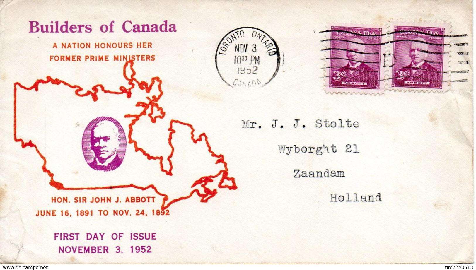 CANADA. N°253 Sur Enveloppe 1er Jour (FDC) De 1952. Sir John J. Abbott. - 1952-1960
