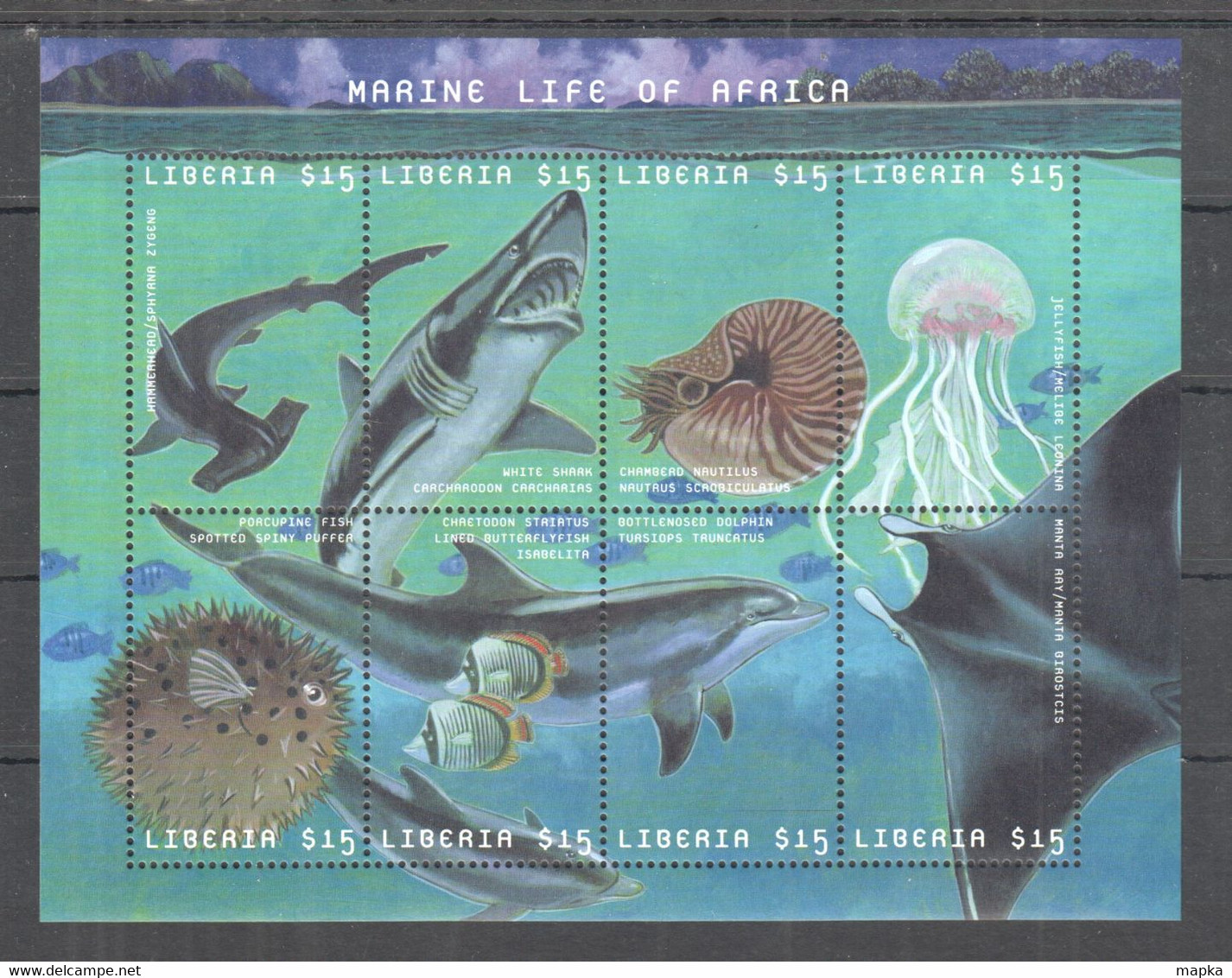 YY716 ONLY ONE IN STOCK LIBERIA FAUNA FISHES SHARKS DOLPHINS MARINE LIFE OF AFRICA 1KB MNH - Vita Acquatica