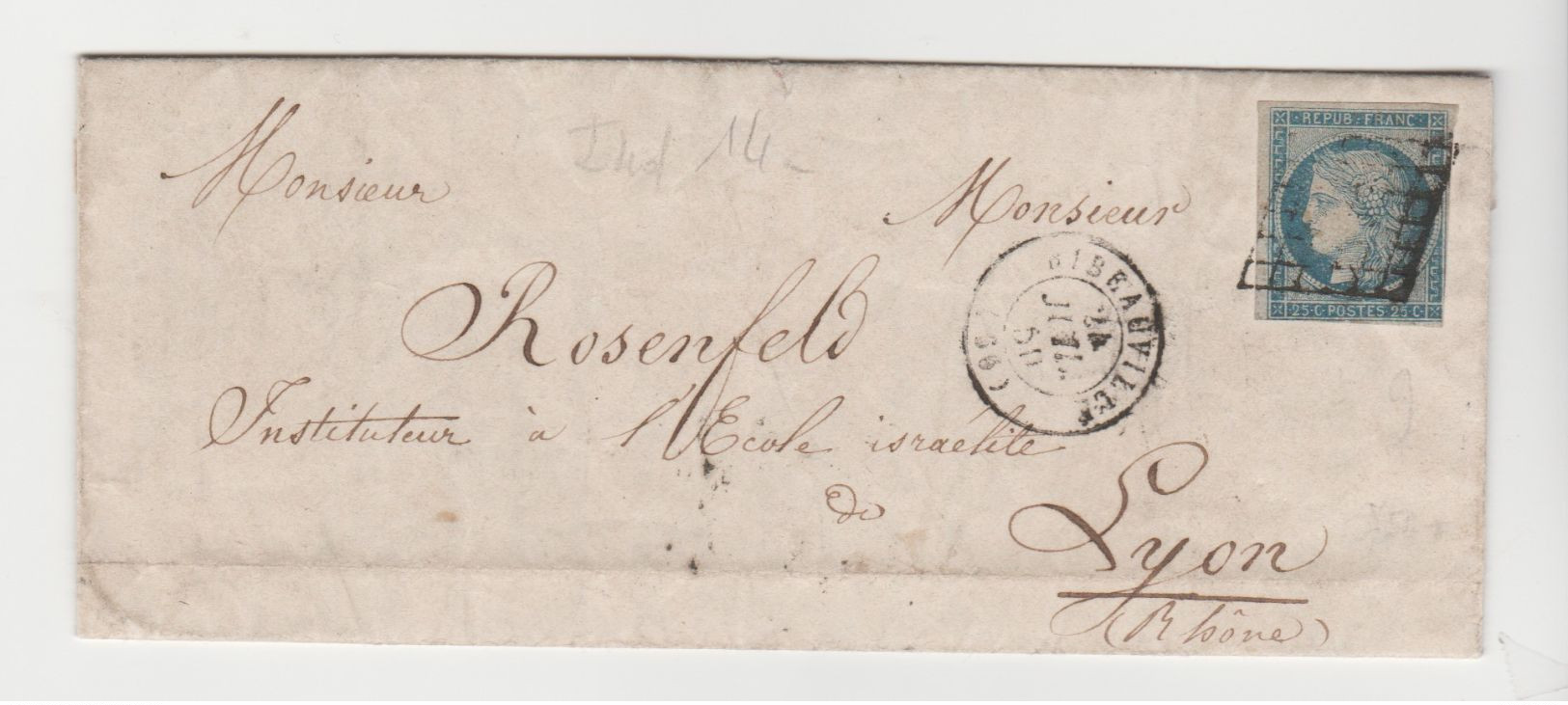 Ht RHIN: RIBEAUVILLE + CàD 15 / Yv N° 4 / LSC De 1850 Pour Lyon, Ind 14 - 1849-1876: Période Classique