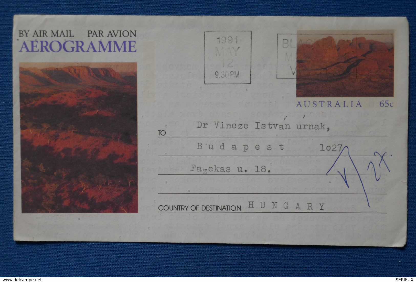 B85  AUSTRALIA  BELLE LETTRE AEROGRAMME 1991 PAR AVION  VICTORIA  POUR    HUNGARY+AFFRANCHISSEMENT PLAISANT - Lettres & Documents