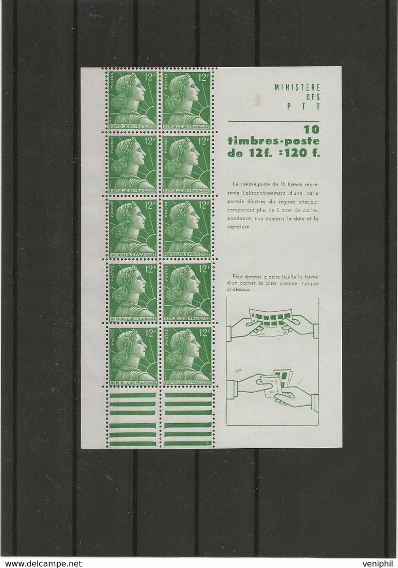 MARIANNE DE MULLER N° 1010 EN FEULLET DE 10 EXEMPLAIRES NEUF SANS CHARNIERE -ANNEE 1955-59 - COTE ; 50 € - 1955-1961 Marianne Of Muller