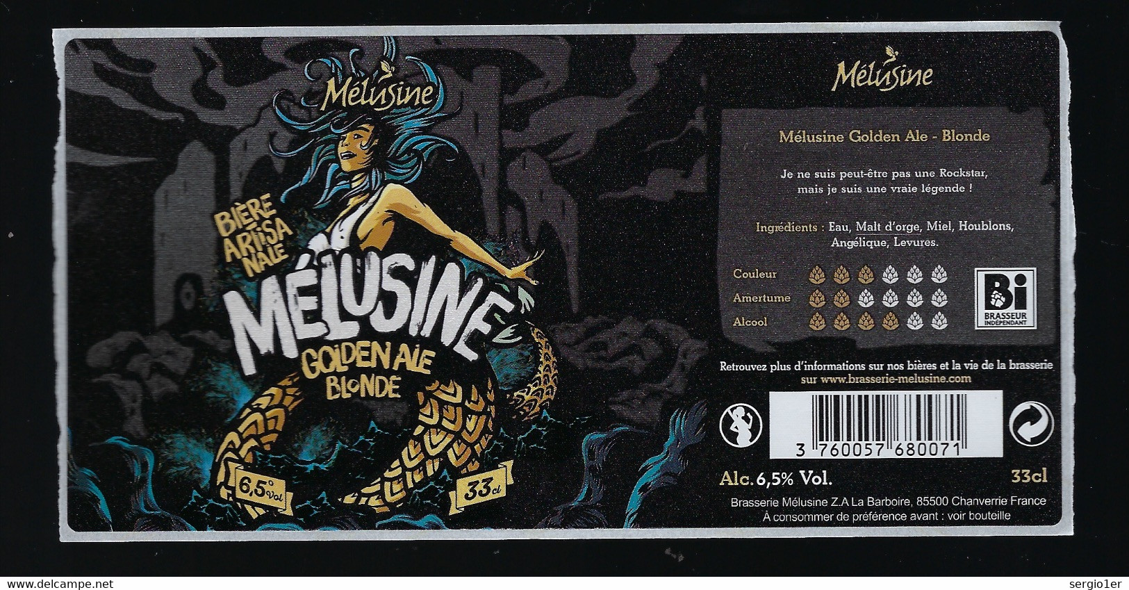 étiquette Bière France: Biere Blonde Mélusine 6,5% 33cl Brasserie Mélusine Chanverrie 85 " Femme, Gorgonne, Méduze" - Birra