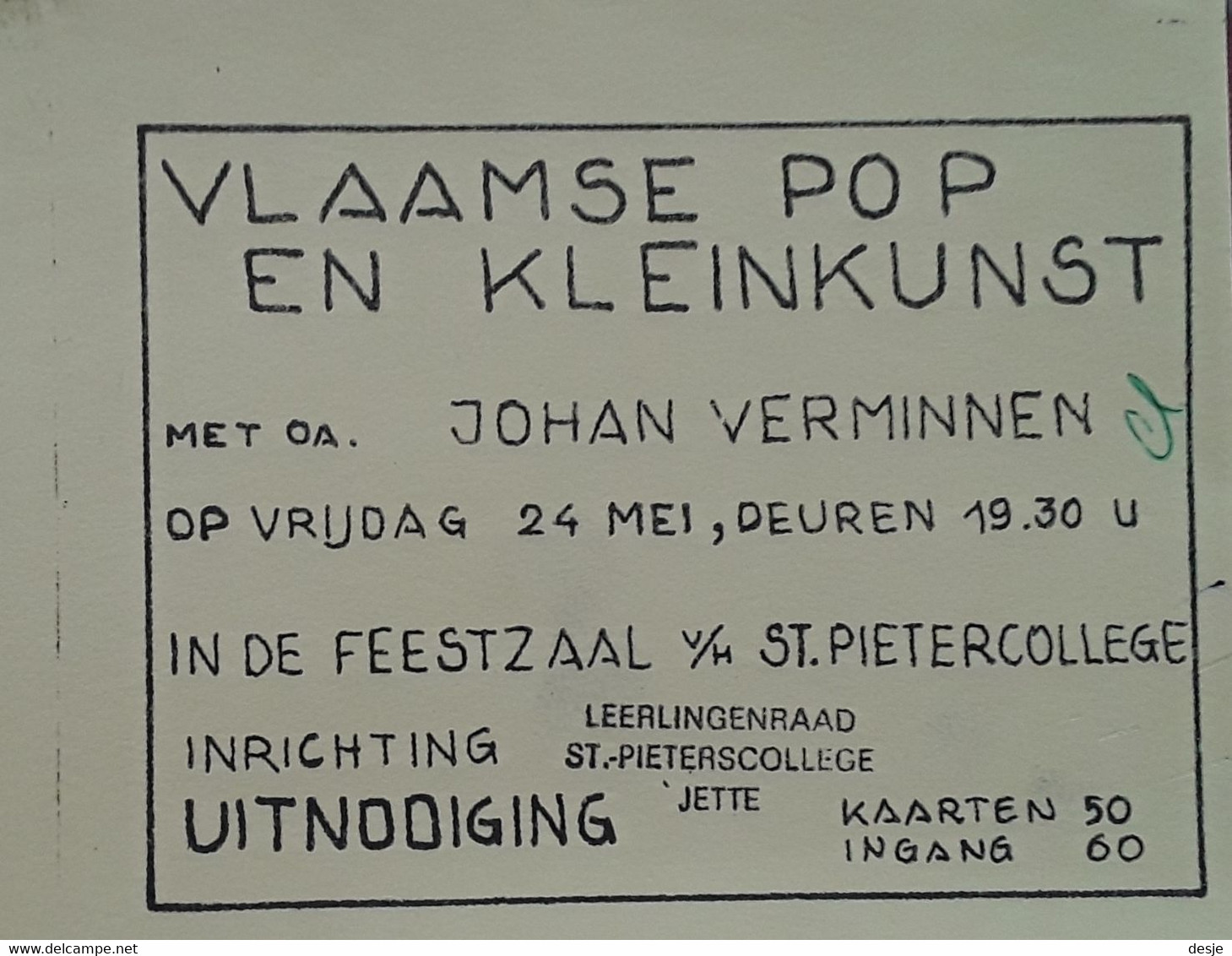Uitnodiging Vlaamse Pop En Kleinkunst In De Feestzaal Van Het Sint-Pieterscollege Te Jette - Sachbücher