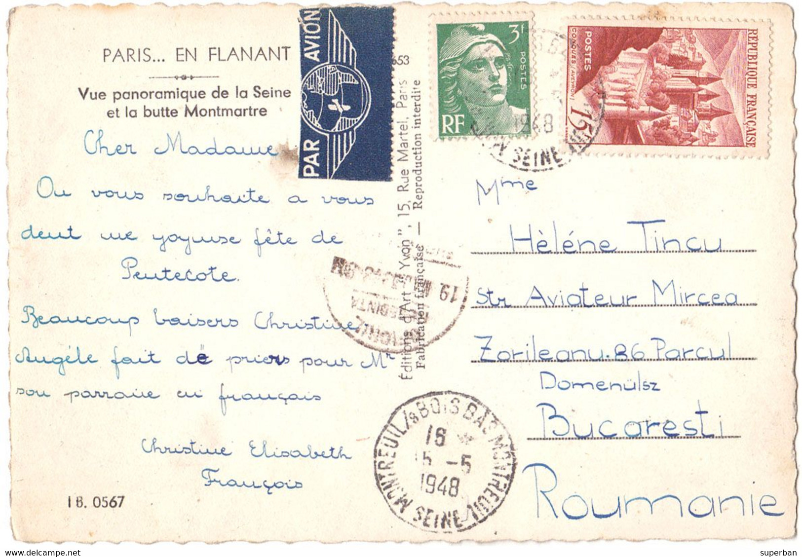 CARTE POSTALE : ENVOI De MONTREUIL à BUCAREST / ROUMANIE En MAI 1948 - AFFRANCHISSEMENT MIXTE ! - PAR AVION (ah535) - 1927-1959 Brieven & Documenten