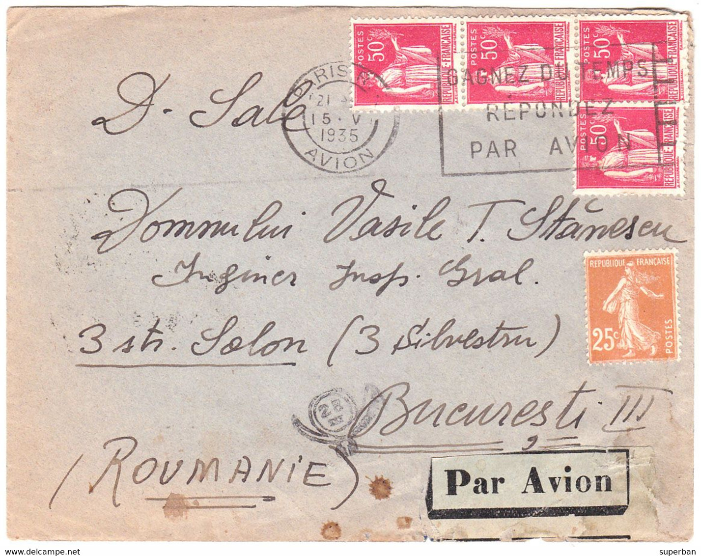 LETTRE / ENVLOPPE : ENVOI De PARIS à BUCAREST / ROUMANIE En MAI 1935 - AFFRANCHISSEMENT MIXTE ! - PAR AVION (ah536) - 1927-1959 Covers & Documents