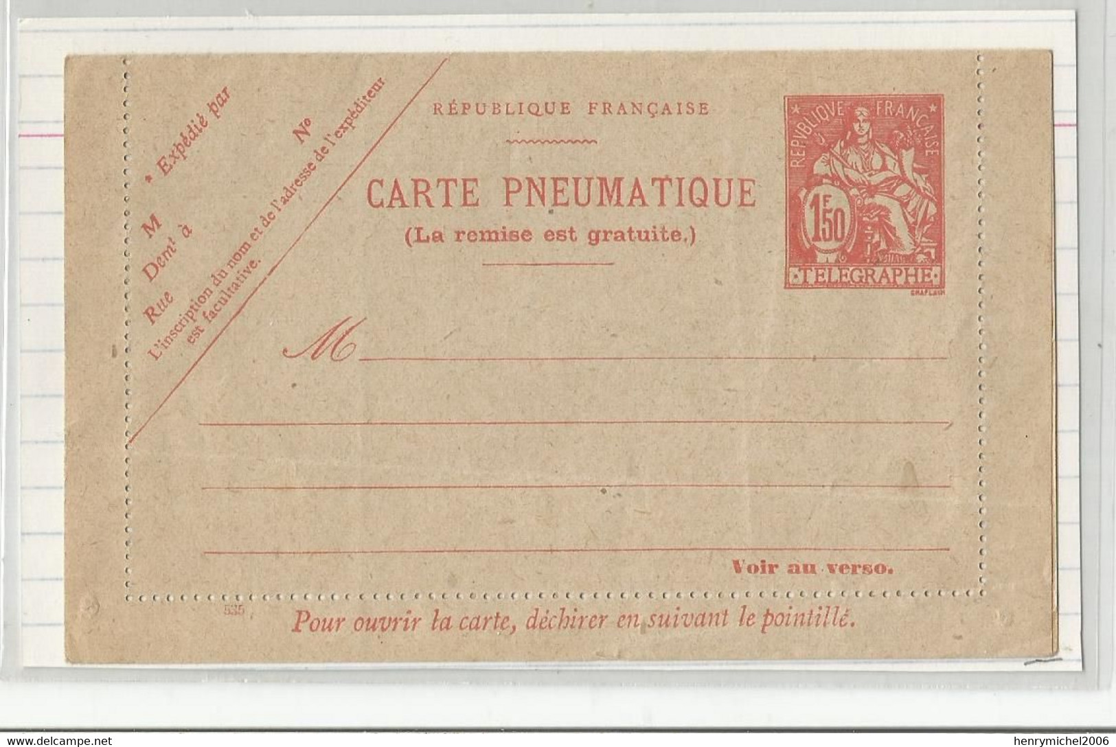 Entier Postal Carte Double Pneumatique 1f50 Telegraphe - Pneumatische Post