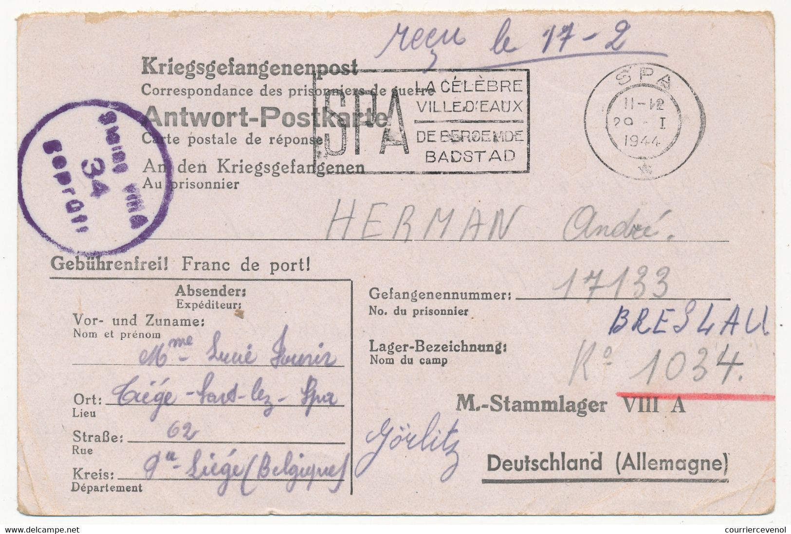 BELGIQUE - Carte Réponse Pour Prisonnier De Guerre Stalag VIIIA - Censeur 34 - 1944 Depuis SPA - Guerra 40 – 45 (Cartas & Documentos)