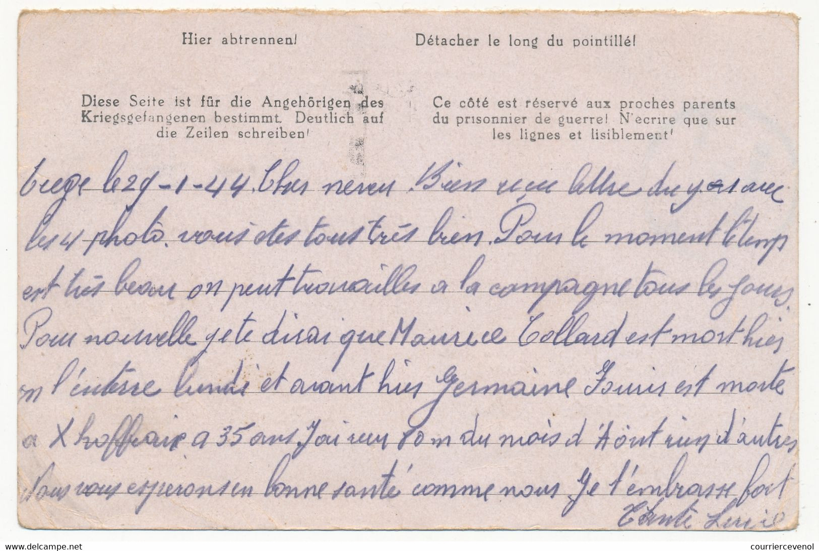 BELGIQUE - Carte Réponse Pour Prisonnier De Guerre Stalag VIIIA - Censeur 34 - 1944 Depuis SPA - Guerra 40 – 45 (Cartas & Documentos)