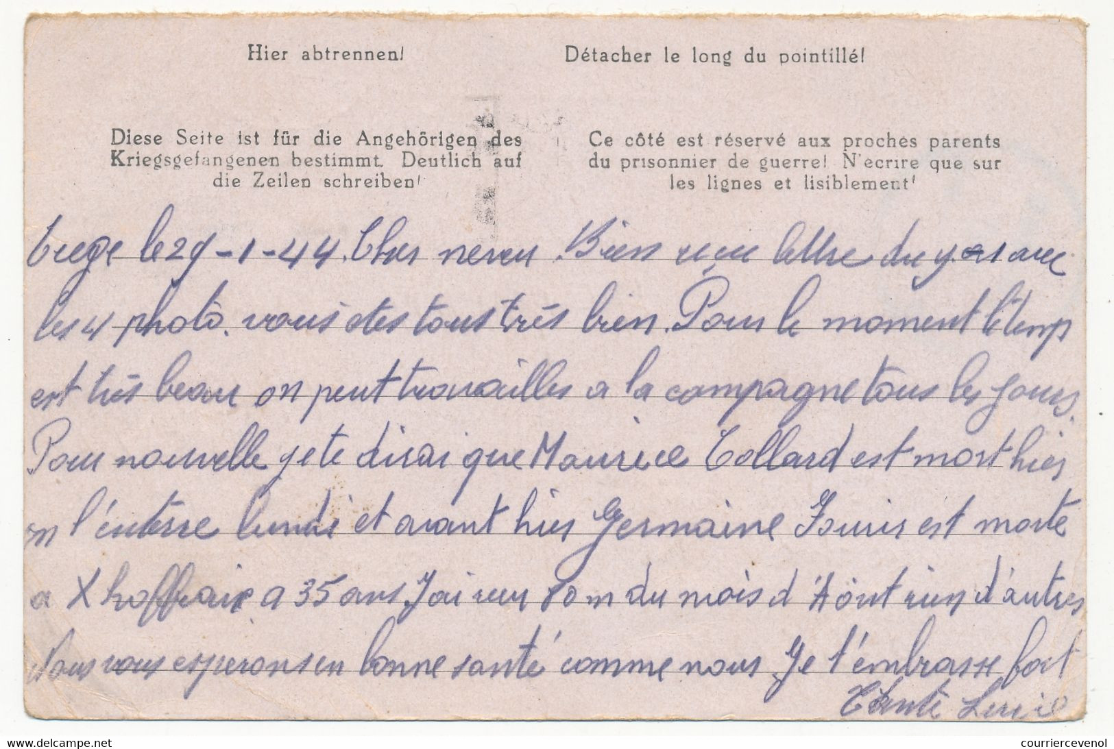 BELGIQUE - Carte Réponse Pour Prisonnier De Guerre Stalag VIIIA - Censeur 34 - 1944 Depuis SPA - Guerre 40-45 (Lettres & Documents)