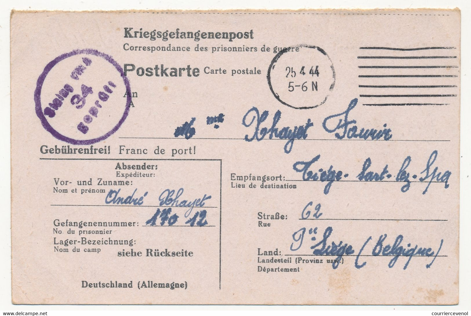 BELGIQUE - Carte Postale D'un Prisonnier De Guerre Stalag VIIIA - Censeur 34 - 1944 Pour Liège - Weltkrieg 1939-45 (Briefe U. Dokumente)