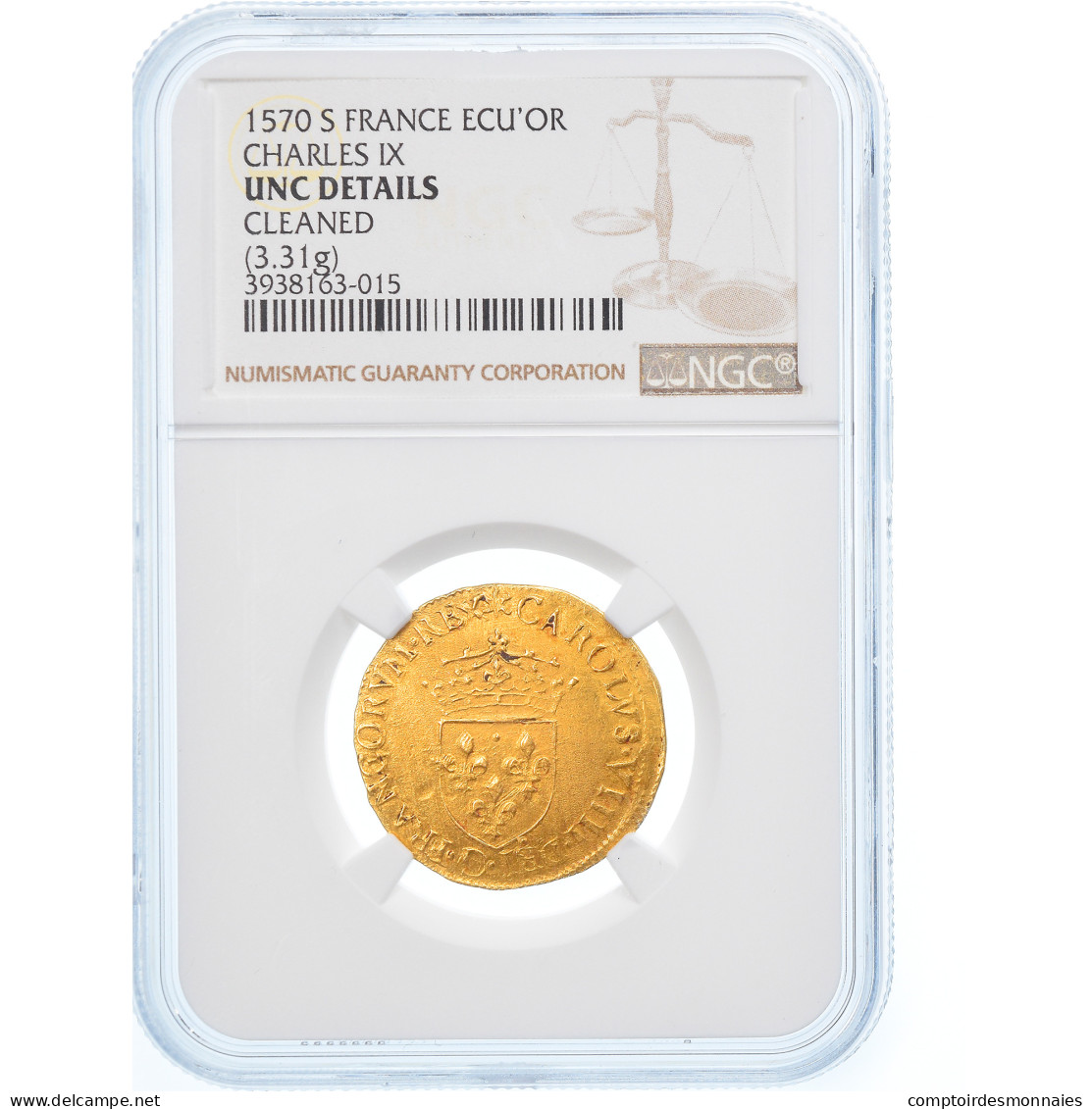 Monnaie, France, Ecu D'or, 1570, Troyes, NGC, UNC Details, FDC, Or, Gradée - 1560-1574 Charles IX