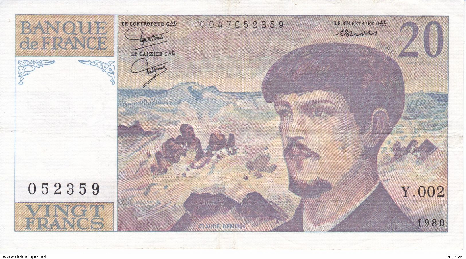 BILLETE DE FRANCIA DE 20 FRANCS DEL AÑO 1980 SERIE Y.002  (BANKNOTE) CLAUDE DEBUSSY - 20 F 1980-1997 ''Debussy''