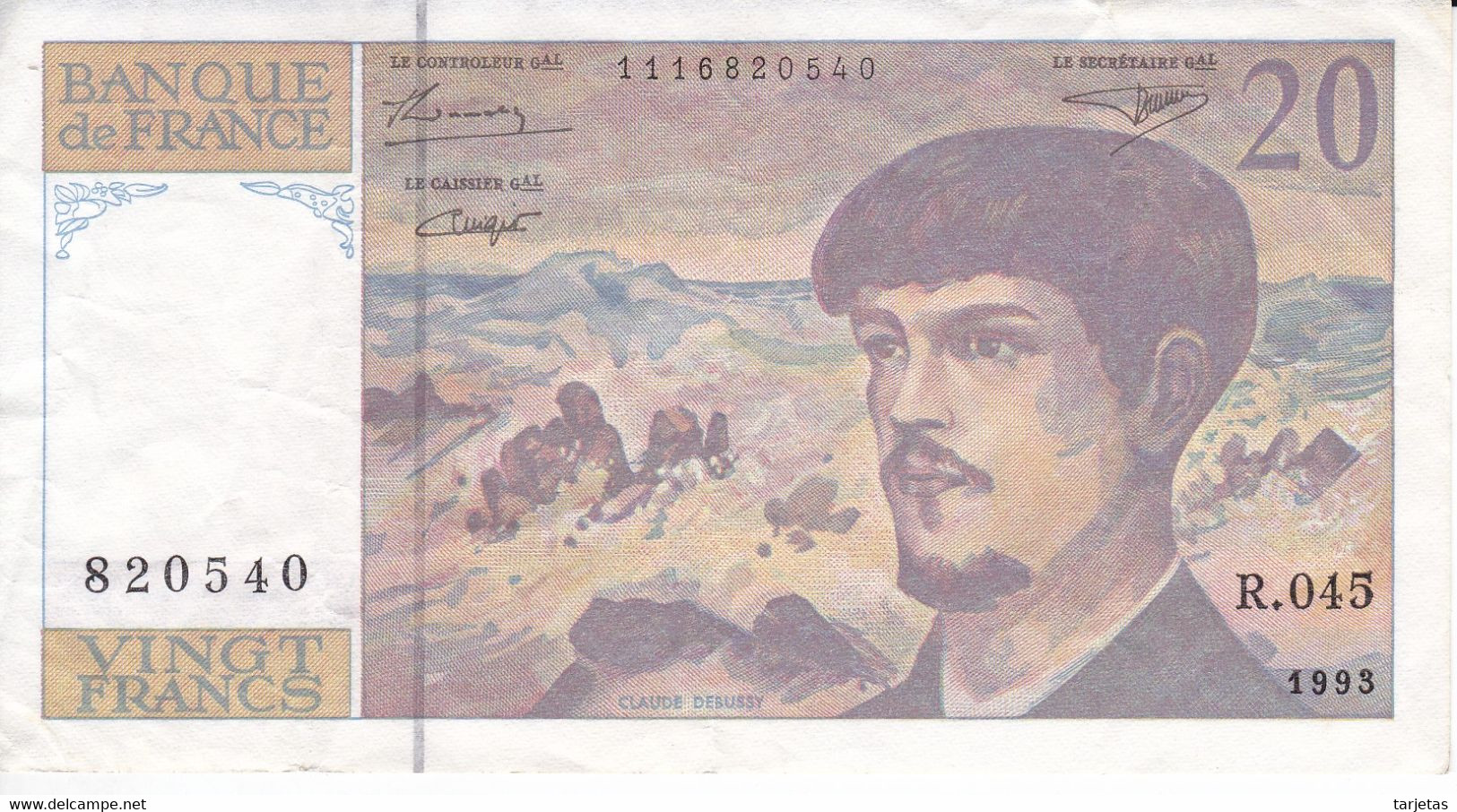 BILLETE DE FRANCIA DE 20 FRANCS DEL AÑO 1993 SERIE R.045  (BANKNOTE) CLAUDE DEBUSSY - 20 F 1980-1997 ''Debussy''