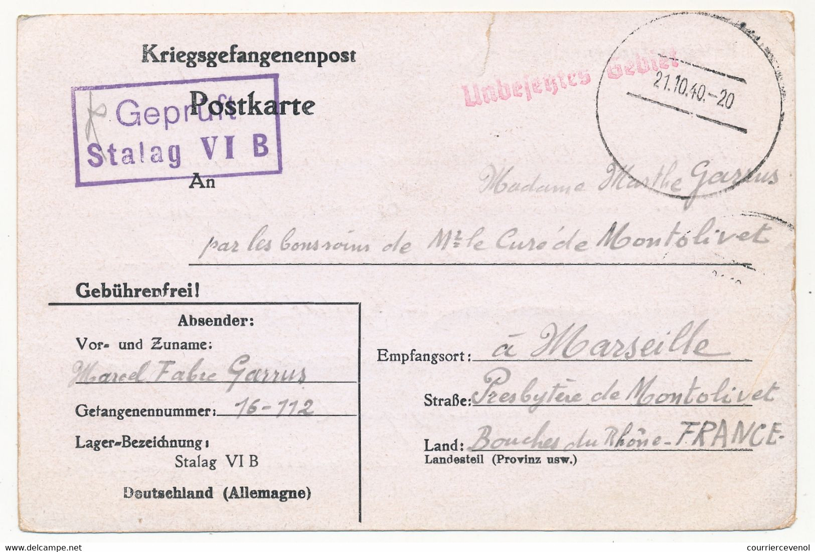 KRIEGSGEFANGENENPOST - Carte Postale Depuis Le Stalag VIB - 21/10/1940 - Censure - Guerre De 1939-45