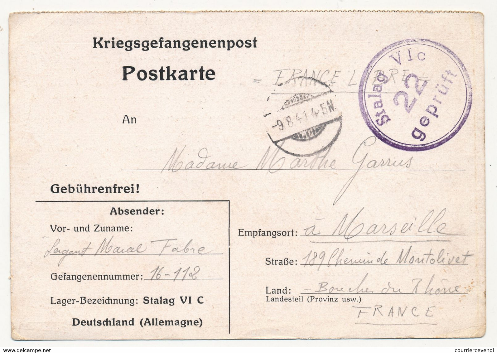 KRIEGSGEFANGENENPOST - Carte Postale Depuis Le Stalag VIC - 1941 - Censeur 22 - Guerre De 1939-45